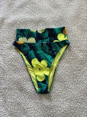 High-Waist Floral Bikini Bottom - Neon Yellow & Teal
